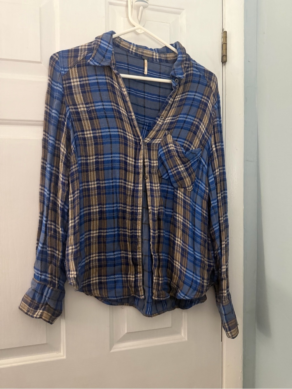 Free People Blue Taupe Plaid Oversized Flannel Shirt Women’s XS